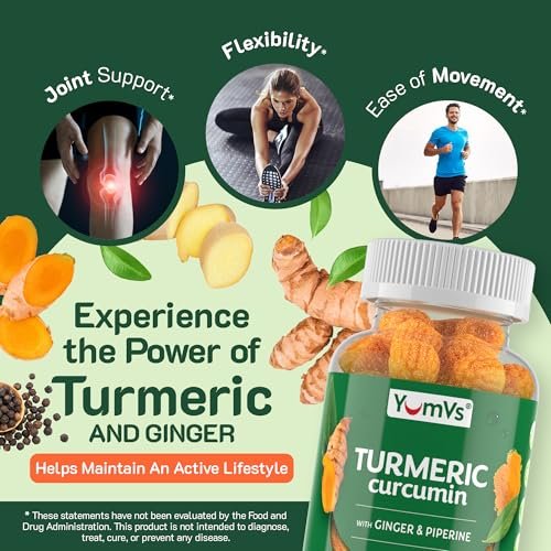 YUM-V'S Curcumin-Turmeric-Gummis – Extra Stark 250mg mit Schwarzem Pfeffer & Ingwer – Vegan & Non-GMO – Pfirsichgeschmack, 60 Stück