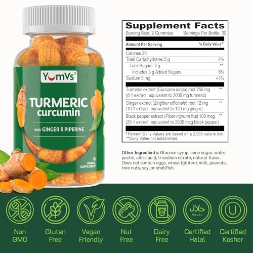 YUM-V'S Curcumin-Turmeric-Gummis – Extra Stark 250mg mit Schwarzem Pfeffer & Ingwer – Vegan & Non-GMO – Pfirsichgeschmack, 60 Stück