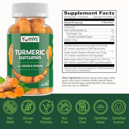 YUM-V'S Curcumin-Turmeric-Gummis – Extra Stark 250mg mit Schwarzem Pfeffer & Ingwer – Vegan & Non-GMO – Pfirsichgeschmack, 60 Stück