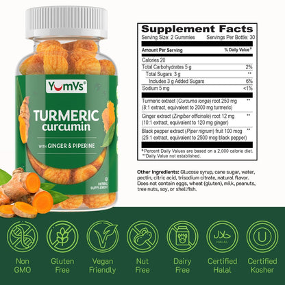 YUM-V'S Curcumin-Turmeric-Gummis – Extra Stark 250mg mit Schwarzem Pfeffer & Ingwer – Vegan & Non-GMO – Pfirsichgeschmack, 60 Stück