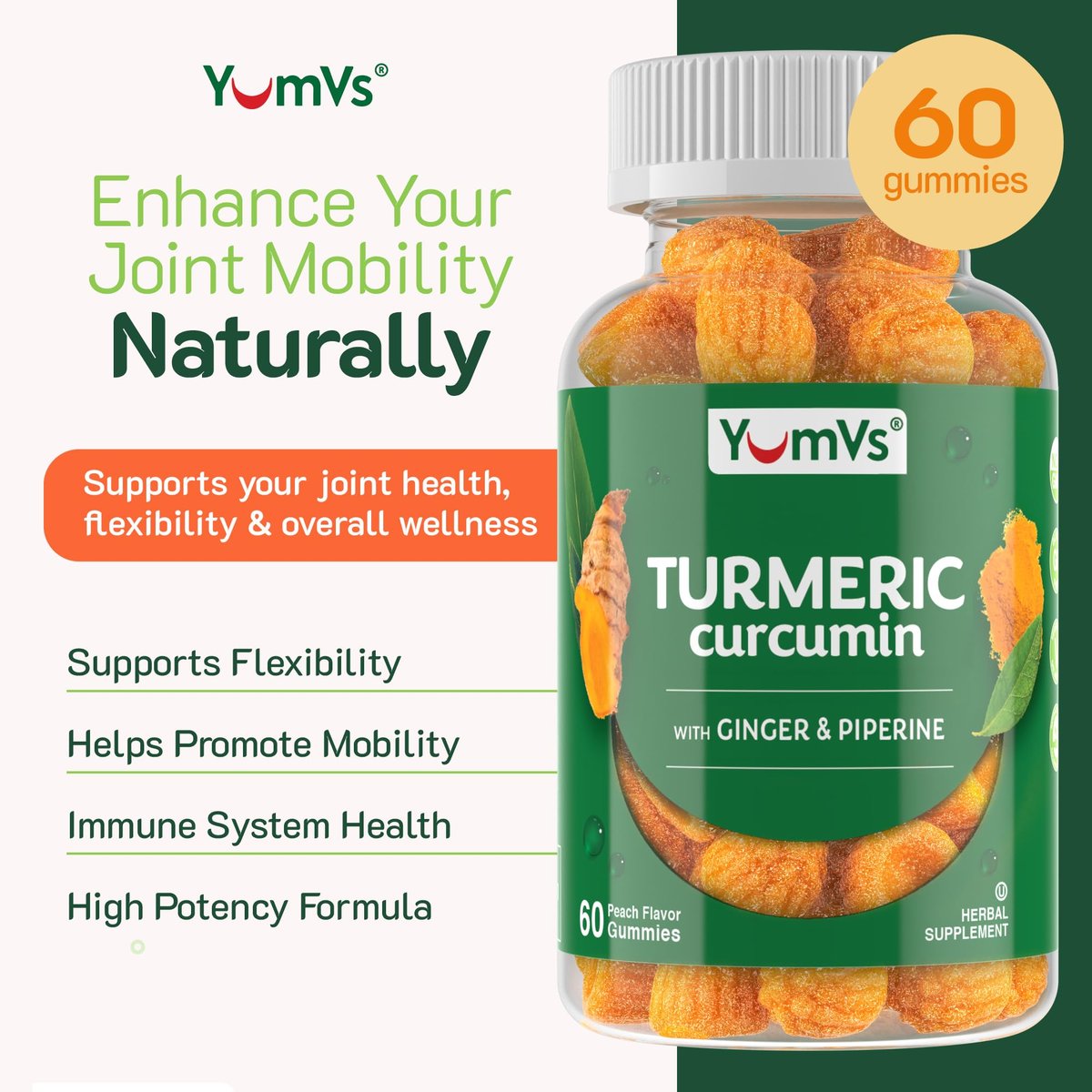 YUM-V'S Curcumin-Turmeric-Gummis – Extra Stark 250mg mit Schwarzem Pfeffer & Ingwer – Vegan & Non-GMO – Pfirsichgeschmack, 60 Stück