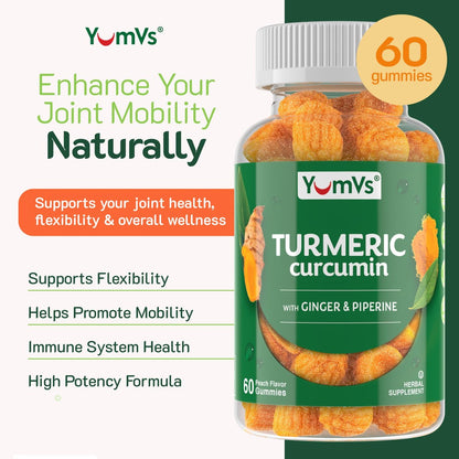 YUM-V'S Curcumin-Turmeric-Gummis – Extra Stark 250mg mit Schwarzem Pfeffer & Ingwer – Vegan & Non-GMO – Pfirsichgeschmack, 60 Stück