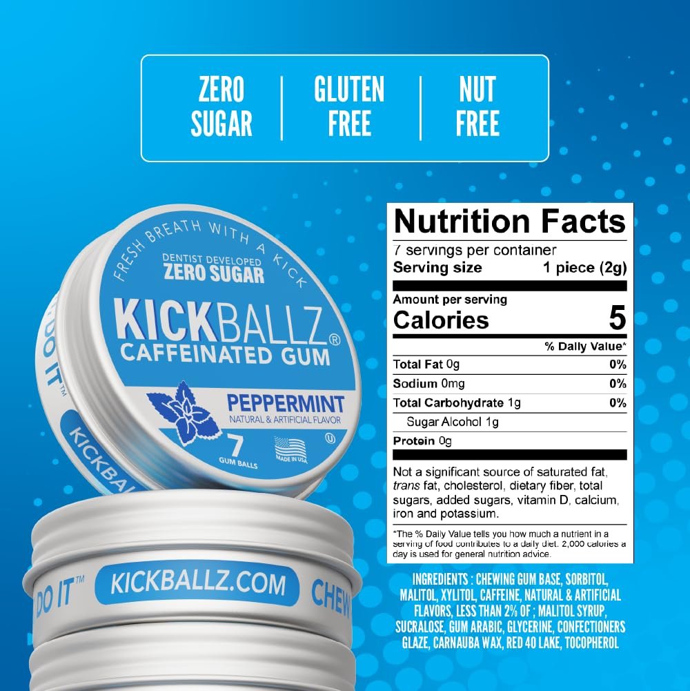 KickBallz Pfefferminz Koffein-Energiegummi | 110mg schnell absorbierendes Koffein für Energie & Fokus | Zuckerfrei, Keto, frischer Atem | Kaffee-Alternative | 3 Taschen-Dosen, 21 Stück