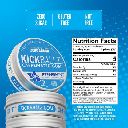 KickBallz Pfefferminz Koffein-Energiegummi | 110mg schnell absorbierendes Koffein für Energie & Fokus | Zuckerfrei, Keto, frischer Atem | Kaffee-Alternative | 3 Taschen-Dosen, 21 Stück