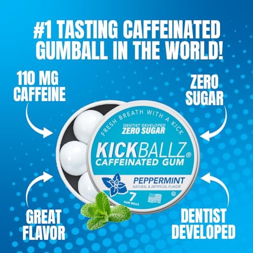 KickBallz Pfefferminz Koffein-Energiegummi | 110mg schnell absorbierendes Koffein für Energie & Fokus | Zuckerfrei, Keto, frischer Atem | Kaffee-Alternative | 3 Taschen-Dosen, 21 Stück