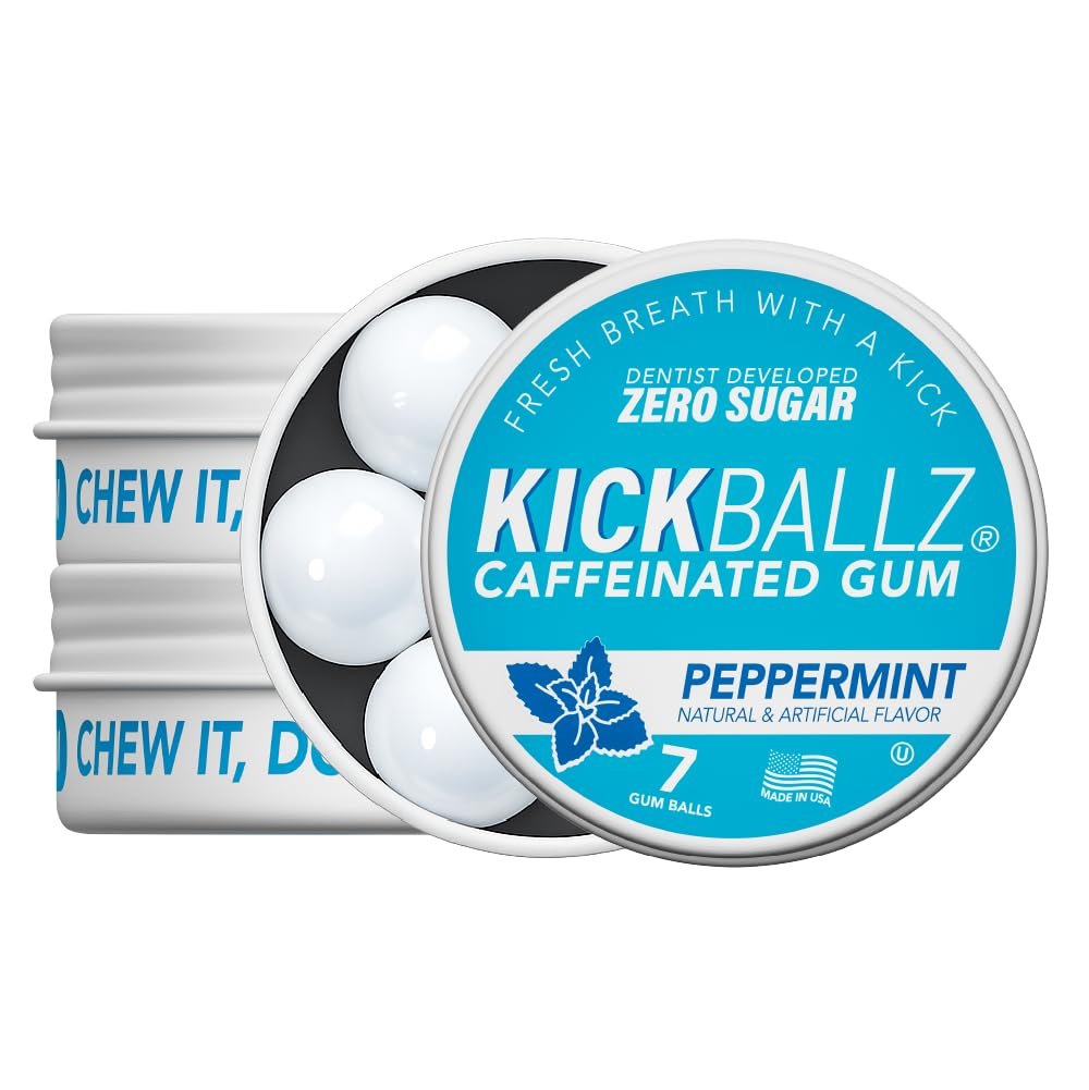 KickBallz Pfefferminz Koffein-Energiegummi | 110mg schnell absorbierendes Koffein für Energie & Fokus | Zuckerfrei, Keto, frischer Atem | Kaffee-Alternative | 3 Taschen-Dosen, 21 Stück