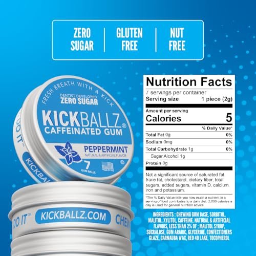 KickBallz Pfefferminz Koffein-Energiegummi | 110mg schnell absorbierendes Koffein für Energie & Fokus | Zuckerfrei, Keto, frischer Atem | Kaffee-Alternative | 3 Taschen-Dosen, 21 Stück