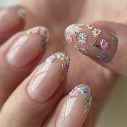 Kurze Mandelform Press on Nägel mit bunten Blumen – 24 Stück, glänzend, Acryl-Optik, Nageldesign, falsche Nägel zum Aufkleben