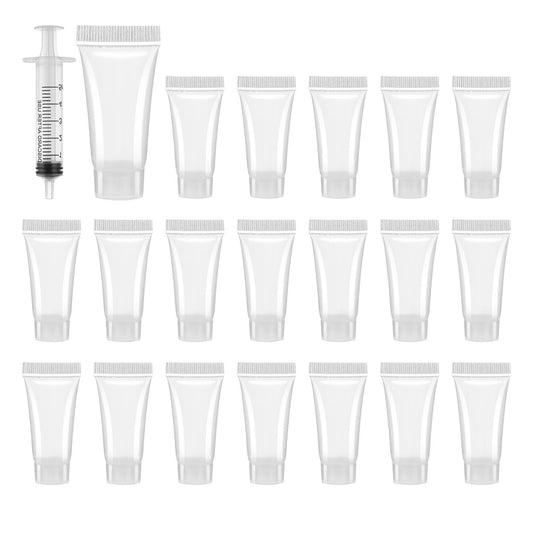 20 Stück 5ml Nachfüllbare Leere Tubenflaschen mit Spritzen – Transparente Reisebehälter aus weichem Kunststoff für Shampoo, Make-up, Gesichtsreiniger, Lipgloss