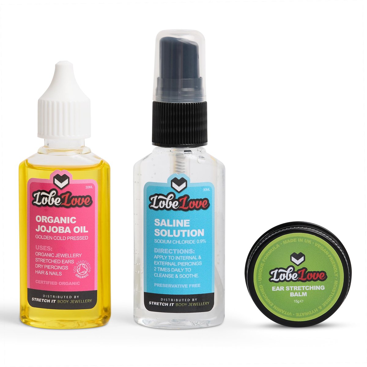Stretch It – Ear Stretching Aftercare Trio, LobeLove, Premium Dehnbalsam, Jojobaöl, Organisches & Professionelles Kochsalzlösungsspray