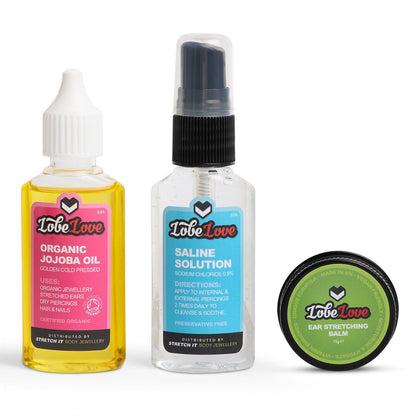 Stretch It – Ear Stretching Aftercare Trio, LobeLove, Premium Dehnbalsam, Jojobaöl, Organisches & Professionelles Kochsalzlösungsspray