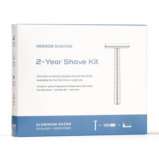 Henson AL13 Rasier-Set – Sicherheitsrasierer aus Aluminium mit Ständer & 100 Klingen – Sanfte, präzise Rasur für Männer & Frauen