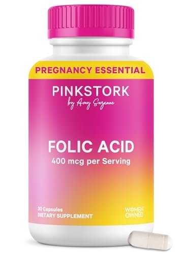 Pink Stork Folsäure-Ergänzung für Frauen – 400 mcg, tägliches Vitamin B9 für pränatale Unterstützung und Fruchtbarkeit, unterstützt die Bildung roter Blutkörperchen und Energie – 30 vegane Kapseln