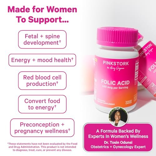 Pink Stork Folsäure-Ergänzung für Frauen – 400 mcg, tägliches Vitamin B9 für pränatale Unterstützung und Fruchtbarkeit, unterstützt die Bildung roter Blutkörperchen und Energie – 30 vegane Kapseln