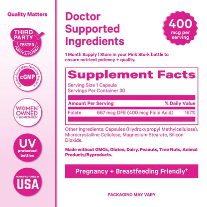Pink Stork Folsäure-Ergänzung für Frauen – 400 mcg, tägliches Vitamin B9 für pränatale Unterstützung und Fruchtbarkeit, unterstützt die Bildung roter Blutkörperchen und Energie – 30 vegane Kapseln