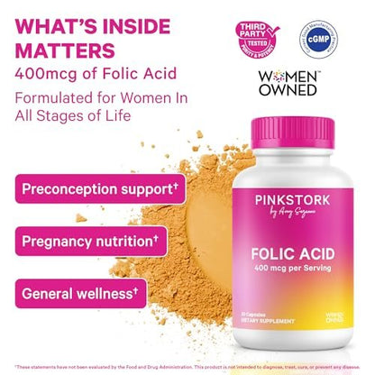 Pink Stork Folsäure-Ergänzung für Frauen – 400 mcg, tägliches Vitamin B9 für pränatale Unterstützung und Fruchtbarkeit, unterstützt die Bildung roter Blutkörperchen und Energie – 30 vegane Kapseln