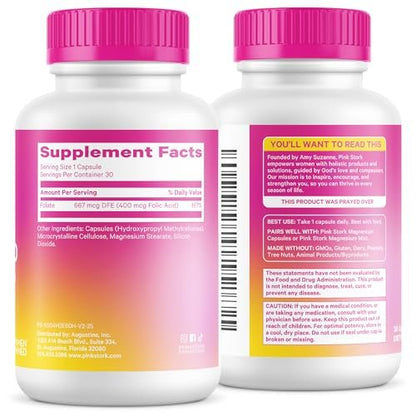 Pink Stork Folsäure-Ergänzung für Frauen – 400 mcg, tägliches Vitamin B9 für pränatale Unterstützung und Fruchtbarkeit, unterstützt die Bildung roter Blutkörperchen und Energie – 30 vegane Kapseln
