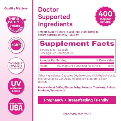Pink Stork Folsäure-Ergänzung für Frauen – 400 mcg, tägliches Vitamin B9 für pränatale Unterstützung und Fruchtbarkeit, unterstützt die Bildung roter Blutkörperchen und Energie – 30 vegane Kapseln