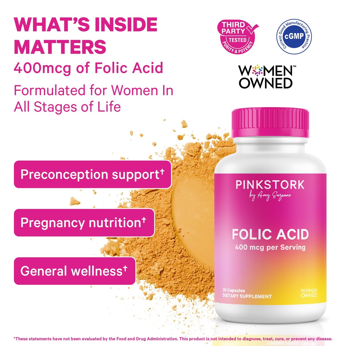 Pink Stork Folsäure-Ergänzung für Frauen – 400 mcg, tägliches Vitamin B9 für pränatale Unterstützung und Fruchtbarkeit, unterstützt die Bildung roter Blutkörperchen und Energie – 30 vegane Kapseln