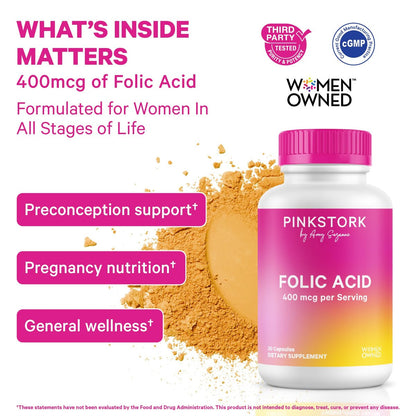 Pink Stork Folsäure-Ergänzung für Frauen – 400 mcg, tägliches Vitamin B9 für pränatale Unterstützung und Fruchtbarkeit, unterstützt die Bildung roter Blutkörperchen und Energie – 30 vegane Kapseln