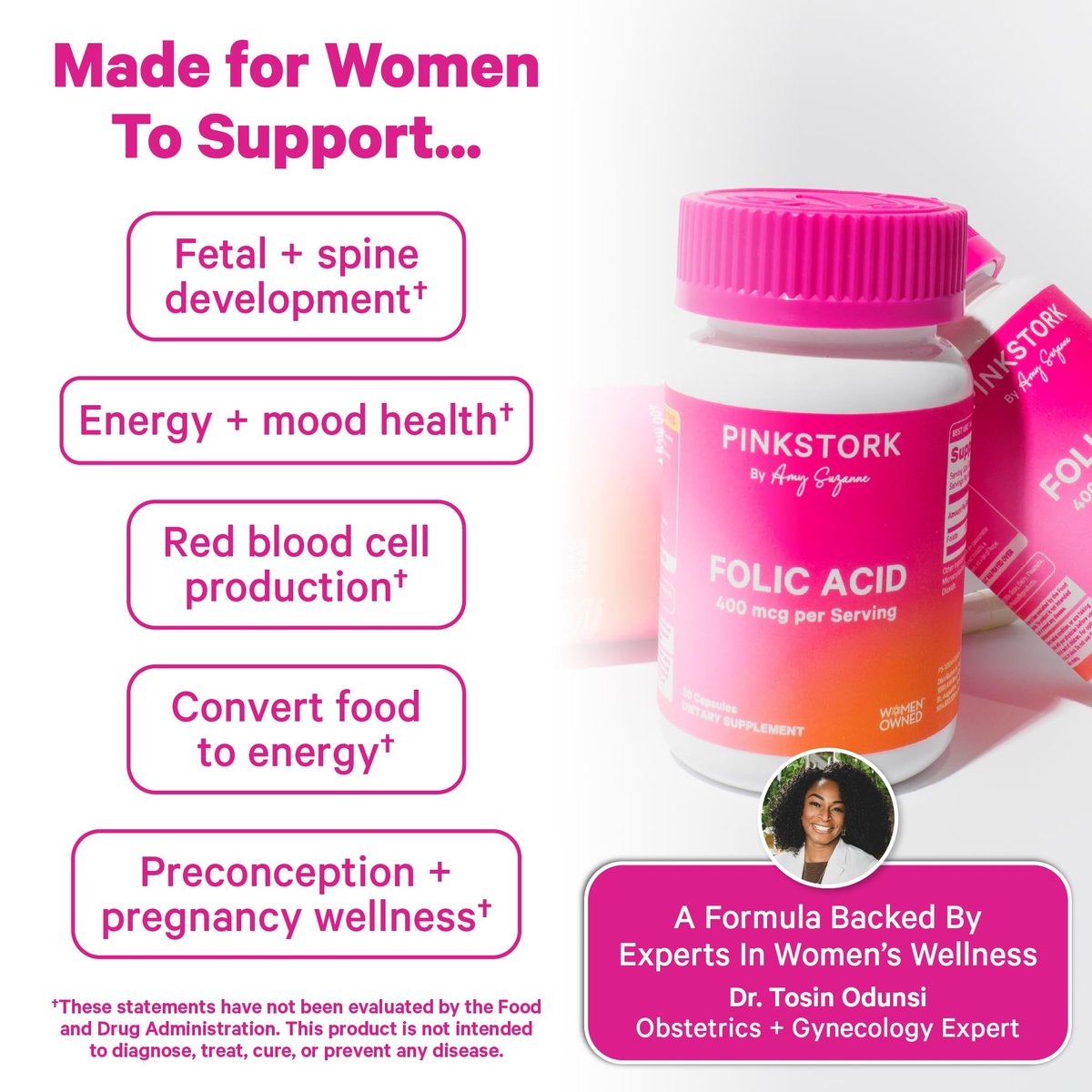 Pink Stork Folsäure-Ergänzung für Frauen – 400 mcg, tägliches Vitamin B9 für pränatale Unterstützung und Fruchtbarkeit, unterstützt die Bildung roter Blutkörperchen und Energie – 30 vegane Kapseln