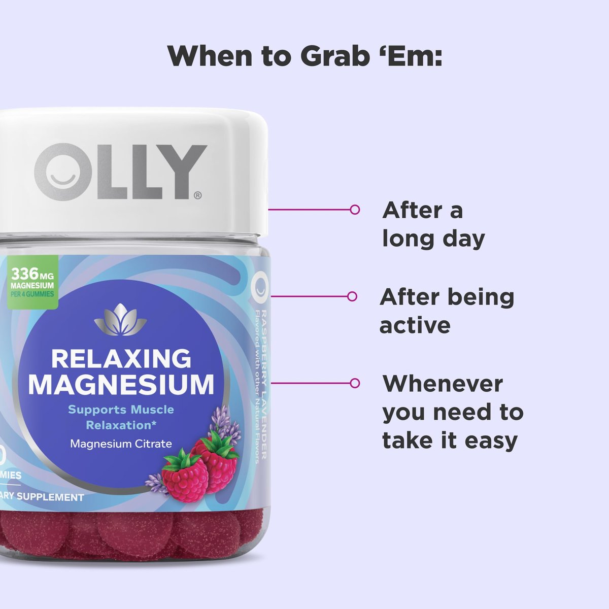 OLLY Entspannende Magnesium Gummibärchen – Magnesiumcitrat, Himbeer-Lavendel-Geschmack, 15-Tage-Vorrat (60 Stück)