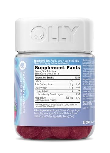 OLLY Entspannende Magnesium Gummibärchen, Unterstützt Muskelentspannung,* Magnesiumcitrat, Himbeer-Lavendel-Geschmack, 30-Tage-Vorrat – 120 Stück