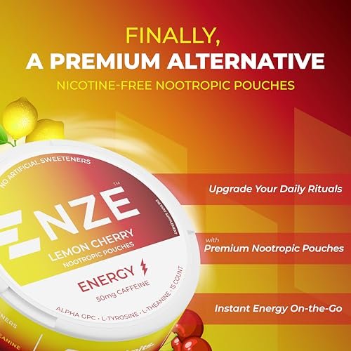 NZE Koffein Nootropikum Beutel (Lemon Cherry) – Energiebeutel mit 50 mg Koffein, Alpha GPC, L-Tyrosin & L-Theanin, ohne Zucker oder künstliche Süßstoffe – 15 Beutel pro Dose – 5er Pack