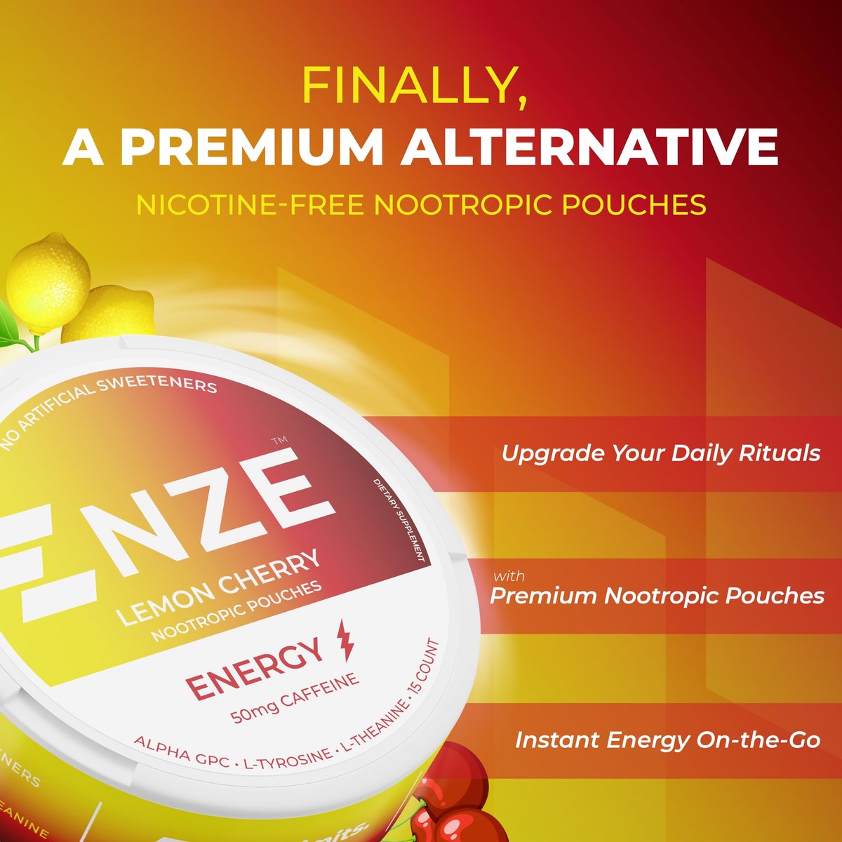 NZE Koffein Nootropikum Beutel (Lemon Cherry) – Energiebeutel mit 50 mg Koffein, Alpha GPC, L-Tyrosin & L-Theanin, ohne Zucker oder künstliche Süßstoffe – 15 Beutel pro Dose – 5er Pack