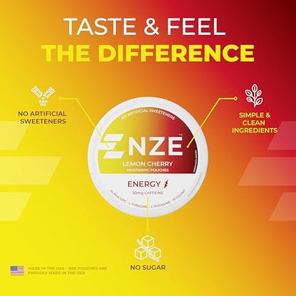 NZE Koffein Nootropikum Beutel (Lemon Cherry) – Energiebeutel mit 50 mg Koffein, Alpha GPC, L-Tyrosin & L-Theanin, ohne Zucker oder künstliche Süßstoffe – 15 Beutel pro Dose – 5er Pack