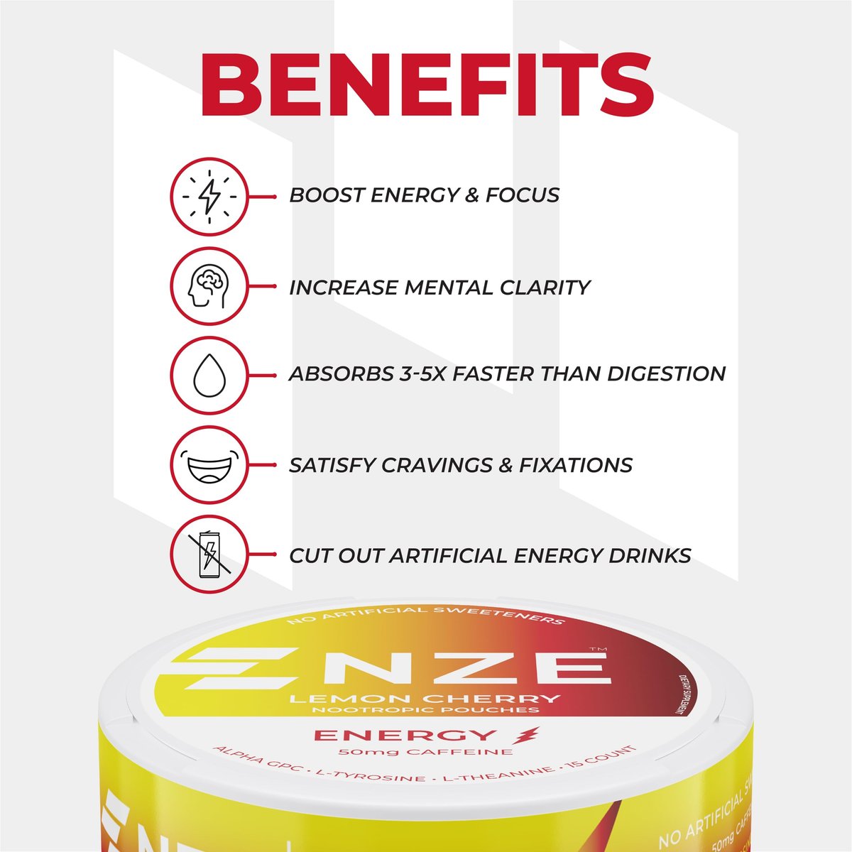 NZE Koffein Nootropikum Beutel (Lemon Cherry) – Energiebeutel mit 50 mg Koffein, Alpha GPC, L-Tyrosin & L-Theanin, ohne Zucker oder künstliche Süßstoffe – 15 Beutel pro Dose – 5er Pack