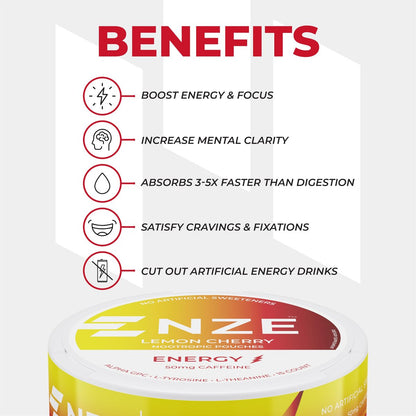 NZE Koffein Nootropikum Beutel (Lemon Cherry) – Energiebeutel mit 50 mg Koffein, Alpha GPC, L-Tyrosin & L-Theanin, ohne Zucker oder künstliche Süßstoffe – 15 Beutel pro Dose – 5er Pack