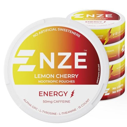 NZE Koffein Nootropikum Beutel (Lemon Cherry) – Energiebeutel mit 50 mg Koffein, Alpha GPC, L-Tyrosin & L-Theanin, ohne Zucker oder künstliche Süßstoffe – 15 Beutel pro Dose – 5er Pack