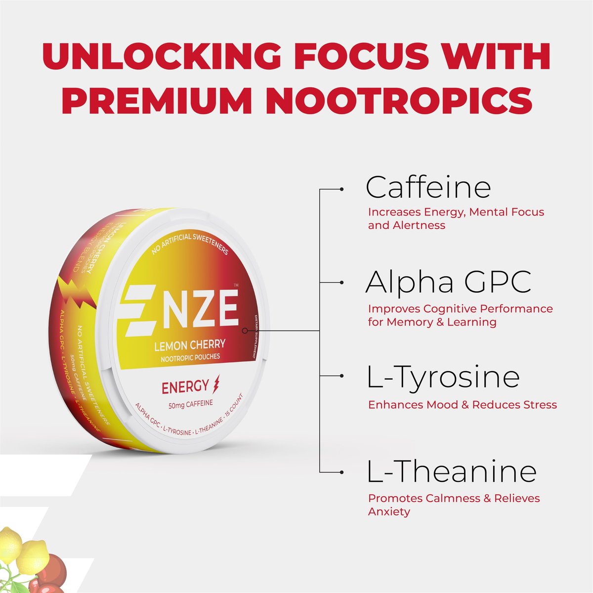 NZE Koffein Nootropikum Beutel (Lemon Cherry) – Energiebeutel mit 50 mg Koffein, Alpha GPC, L-Tyrosin & L-Theanin, ohne Zucker oder künstliche Süßstoffe – 15 Beutel pro Dose – 5er Pack