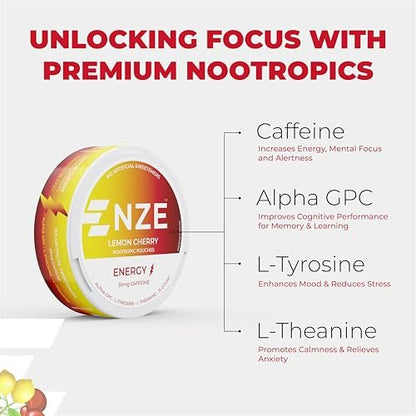 NZE Koffein Nootropikum Beutel (Lemon Cherry) – Energiebeutel mit 50 mg Koffein, Alpha GPC, L-Tyrosin & L-Theanin, ohne Zucker oder künstliche Süßstoffe – 15 Beutel pro Dose – 5er Pack