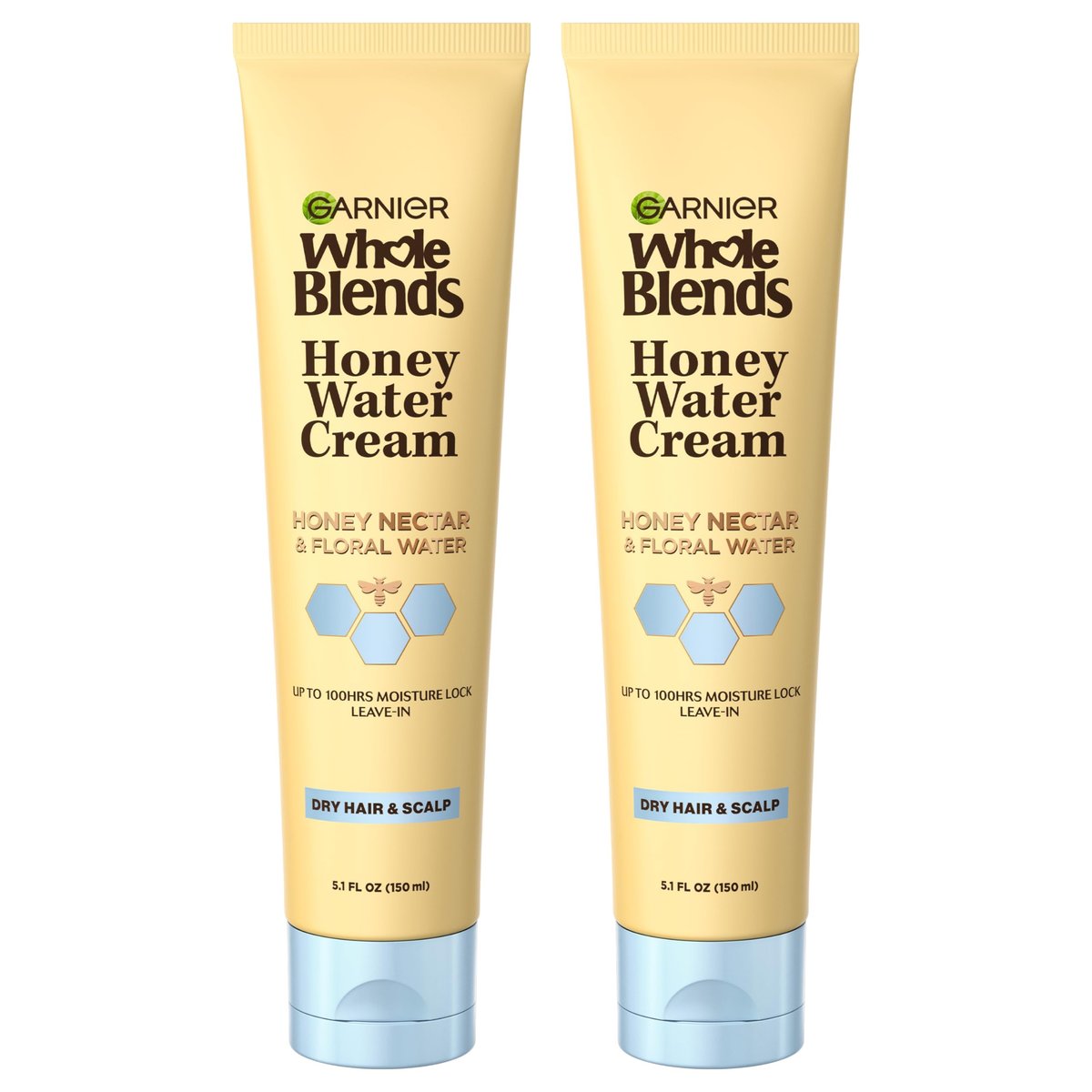 Garnier Whole Blends Honigwassercreme – 100 Stunden Feuchtigkeitssperre für trockenes Haar und Kopfhaut, Honignektar und Blütenwasser, Packung mit 2 Flaschen (je 150 ml)