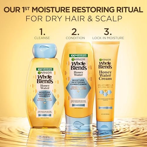 Garnier Whole Blends Honigwassercreme – 100 Stunden Feuchtigkeitssperre für trockenes Haar und Kopfhaut, Honignektar und Blütenwasser, Packung mit 2 Flaschen (je 150 ml)