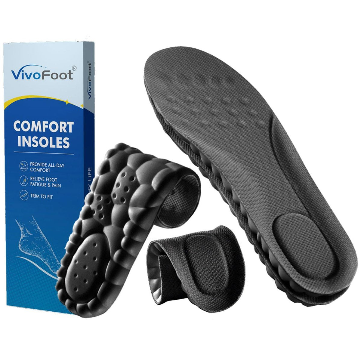 VivoFoot 2 Paar Memory Foam Einlegesohlen für Herren & Damen, 4D Cloud-Polsterung, weiche Komforteinlagen für langes Stehen und Gehen, Stoßdämpfung, zuschneidbar (Herren 7-11, Schwarz)