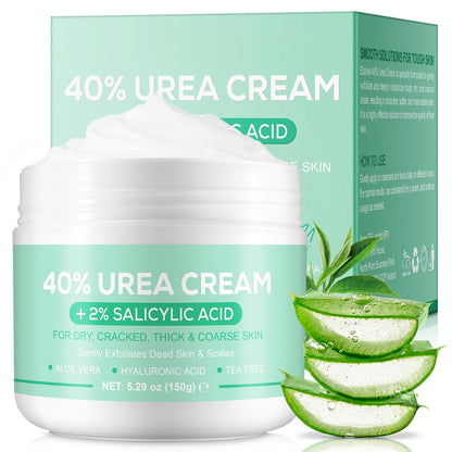 Urea Creme 40 Prozent für die Füße - 40% Urea Creme plus 2% Salicylsäure mit Hyaluronsäure, Teebaumöl, Aloe Vera für trockene, rissige Fersen, Knie und maximale Stärke Fuß Tiefenfeuchtigkeitscreme (150 ml)