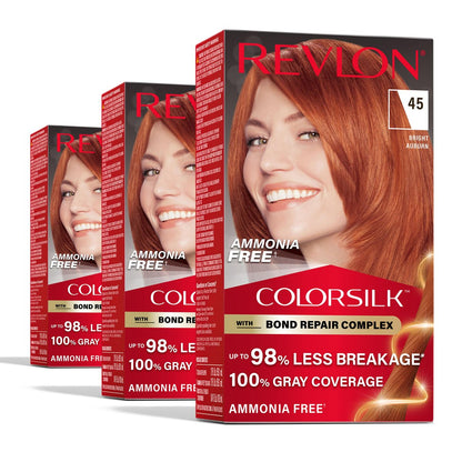 Revlon ColorSilk mit Bond Repair Complex, permanente Haarfarbe, 100% Grauabdeckung, ammoniakfrei, veganes Keratin, 45 Bright Auburn, 3er-Pack