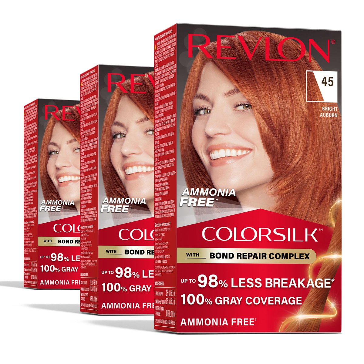 Revlon ColorSilk mit Bond Repair Complex, permanente Haarfarbe, 100% Grauabdeckung, ammoniakfrei, veganes Keratin, 45 Bright Auburn, 3er-Pack