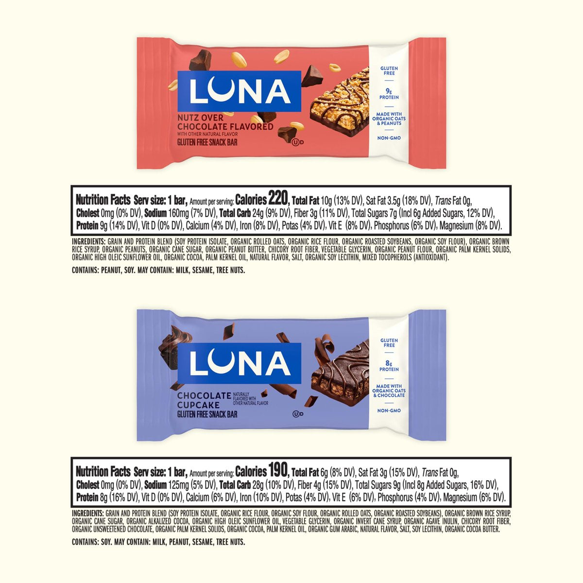 LUNA Bar - Sortenpaket - 2 Geschmacksrichtungen - glutenfreie Snackriegel - Non-GMO - Proteinriegel - mit Bio-Hafer (12er-Pack)