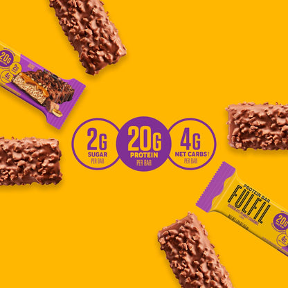 FULFIL Protein Riegel Schokolade Erdnuss Karamell Geschmack, Glutenfrei mit 20g Protein, Vorratspack, 12er Pack