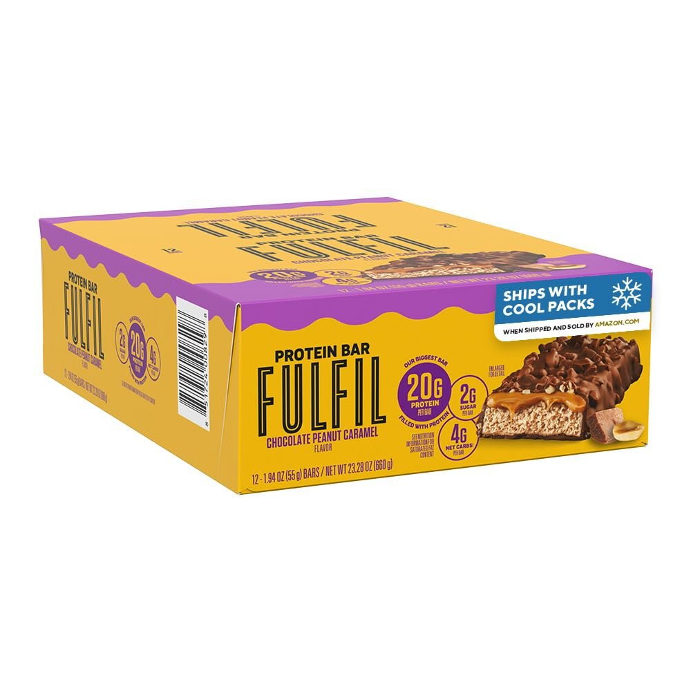 FULFIL Protein Riegel Schokolade Erdnuss Karamell Geschmack, Glutenfrei mit 20g Protein, Vorratspack, 12er Pack
