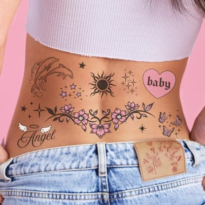 xo, Fetti Y2K Realistische Temporäre Tattoos - 56 Stück | Mädchenhafte 2000er Jahre für Junggesellinnenabschiede, Geburtstagsfeiern, Halloween-Party-Zubehör, Fake-Tattoos, Festival-Aufkleber