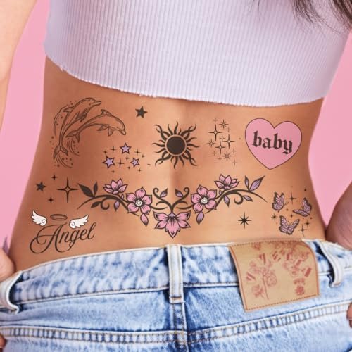 xo, Fetti Y2K Realistische Temporäre Tattoos - 56 Stück | Mädchenhafte 2000er Jahre für Junggesellinnenabschiede, Geburtstagsfeiern, Halloween-Party-Zubehör, Fake-Tattoos, Festival-Aufkleber
