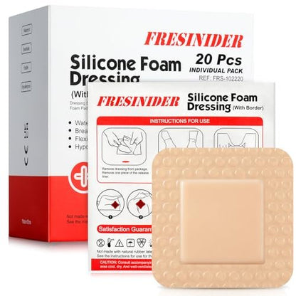 FRESINIDER Silikon-Schaumverband mit Kleberand, 20 Stück, 5x5 cm, kleine Schaumstoff-Wundauflagen, sanfte Silikonhaftung, atmungsaktiv & komfortabel, für kleinere Schnitte, Verbrennungen & postoperative Pflege