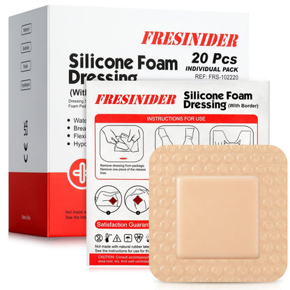 FRESINIDER Silikon-Schaumverband mit Kleberand, 20 Stück, 5x5 cm, kleine Schaumstoff-Wundauflagen, sanfte Silikonhaftung, atmungsaktiv & komfortabel, für kleinere Schnitte, Verbrennungen & postoperative Pflege