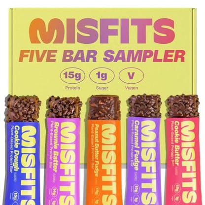Misfits Protein Bar Variety Pack | 14-15g Protein, 1g Zucker, pflanzlich, Low Carb, glutenfrei – Probierpaket mit 5 Riegeln in verschiedenen Geschmacksrichtungen