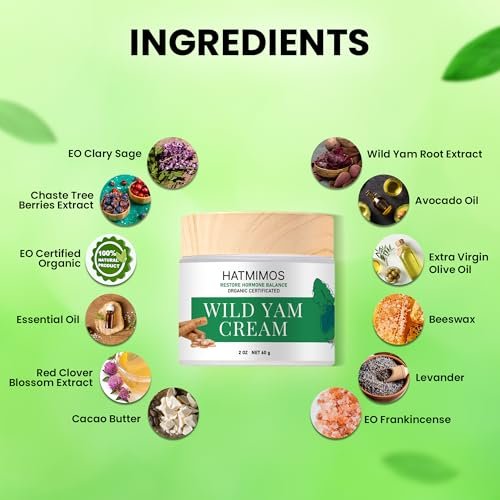 HATMIMOS Wild Yam Creme – 56g Bio Wild Yam Wurzel Creme für Hormonbalance, Unterstützung bei Perimenopause & Wechseljahre, Progesteron, Wild Yam Creme für Frauen & Männer, unparfümiert für alle Hauttypen